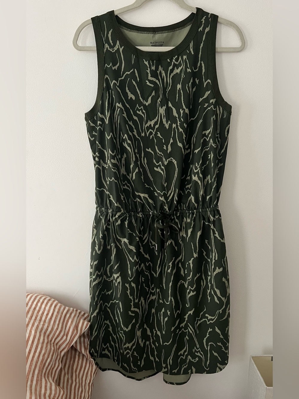 Athleta Dress “Rincon”- Olive Green Printed Drawstring Tank Dress